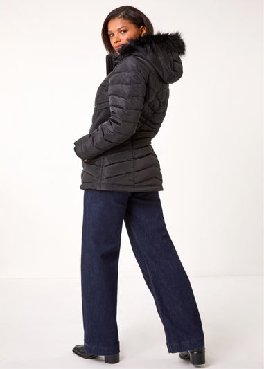 Roman Black Faux Fur Hooded Quilt Coat
