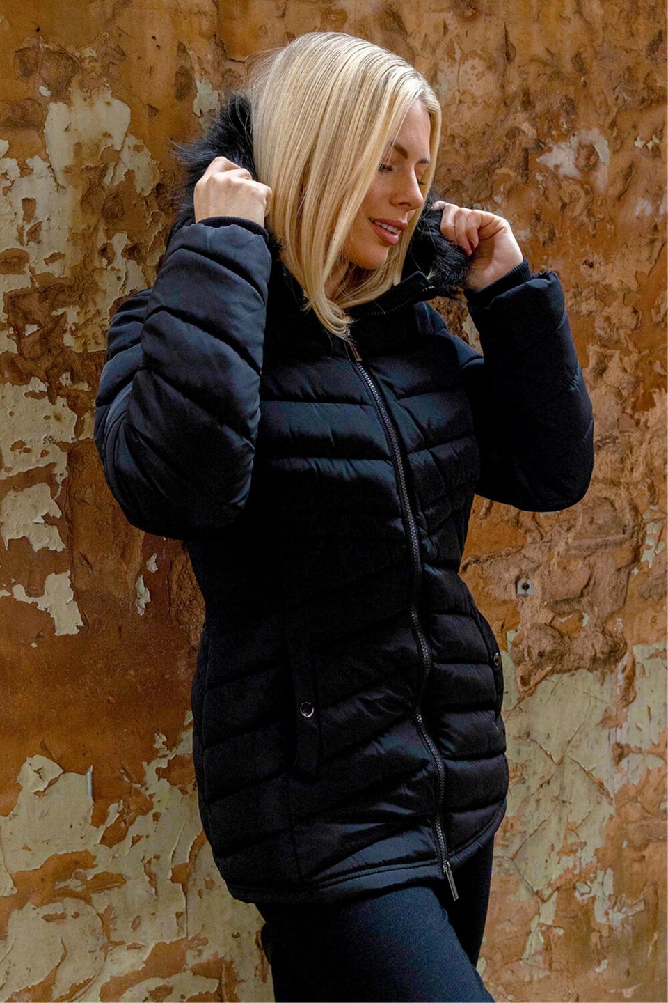 Roman Black Faux Fur Hooded Quilt Coat