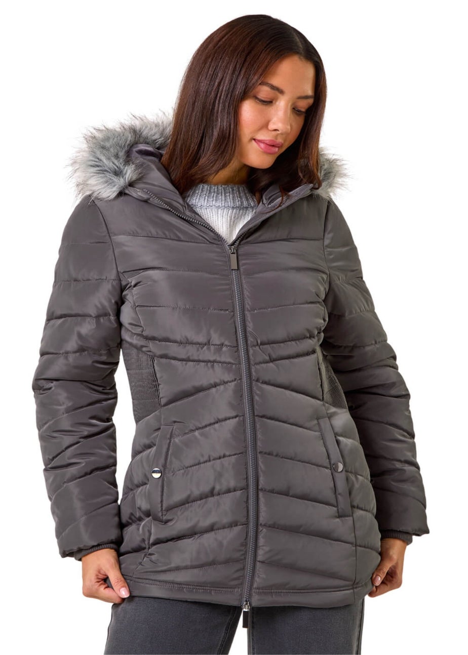 Roman Charcoal Faux Fur Hooded Quilt Coat