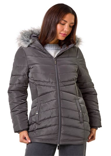 Roman Charcoal Faux Fur Hooded Quilt Coat