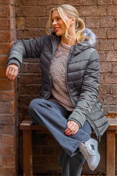 Roman Charcoal Faux Fur Hooded Quilt Coat