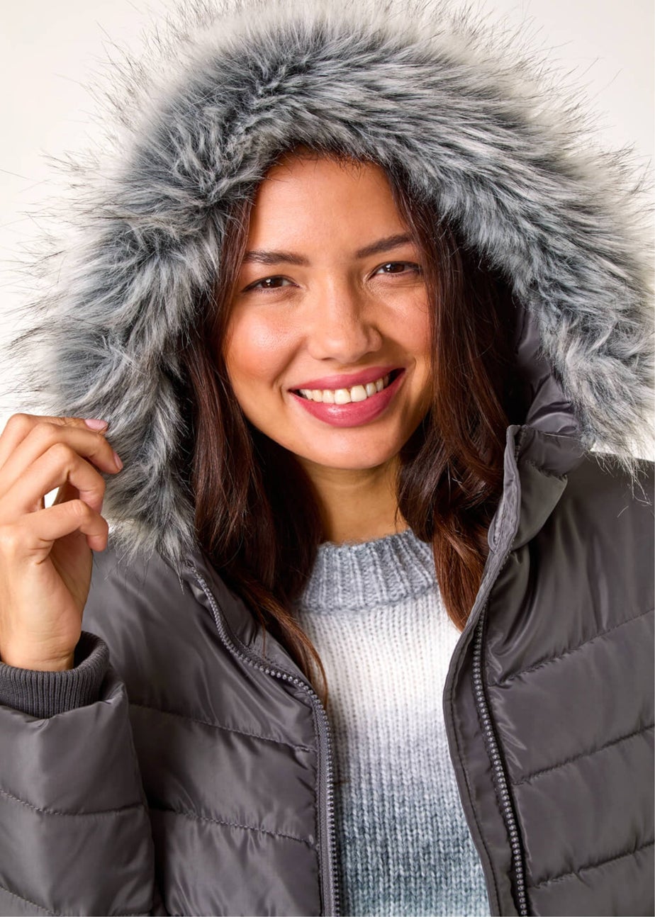 Roman Charcoal Faux Fur Hooded Quilt Coat