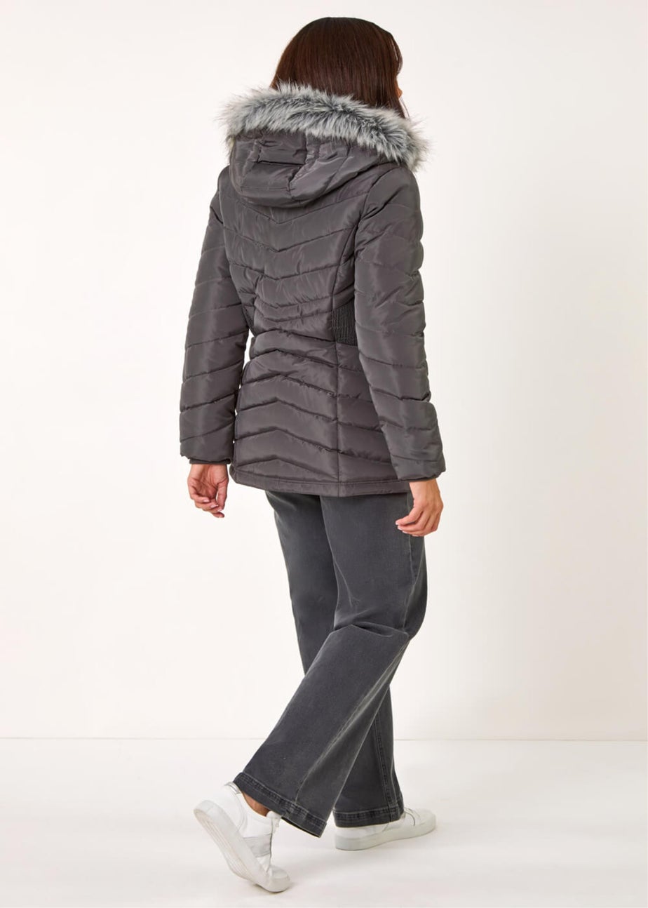 Roman Charcoal Faux Fur Hooded Quilt Coat