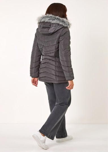 Roman Charcoal Faux Fur Hooded Quilt Coat