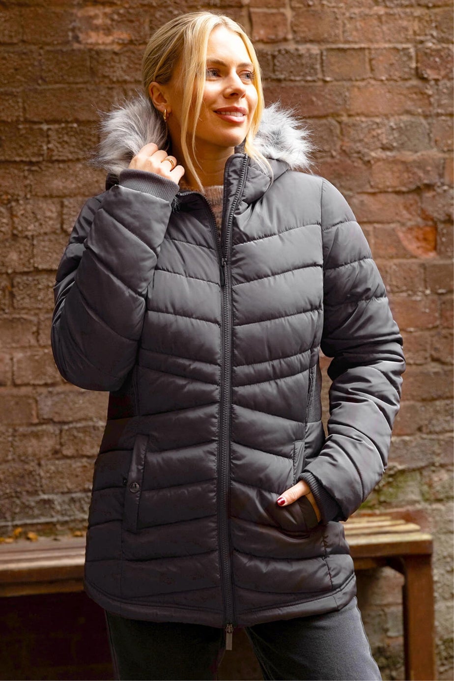Roman Charcoal Faux Fur Hooded Quilt Coat