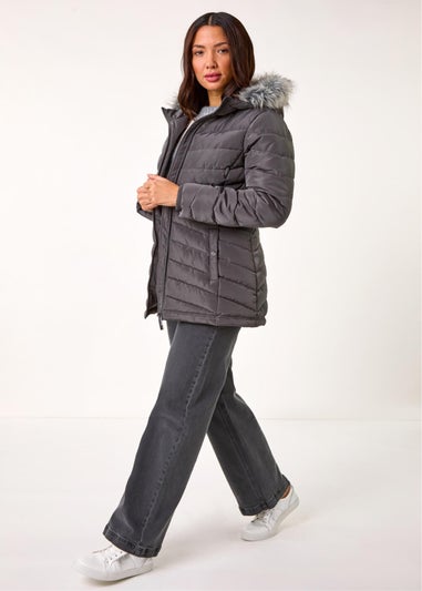 Roman Charcoal Faux Fur Hooded Quilt Coat