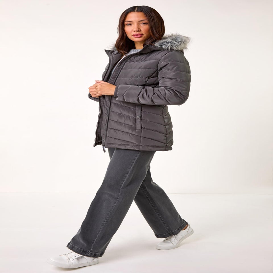 Roman Charcoal Faux Fur Hooded Quilt Coat