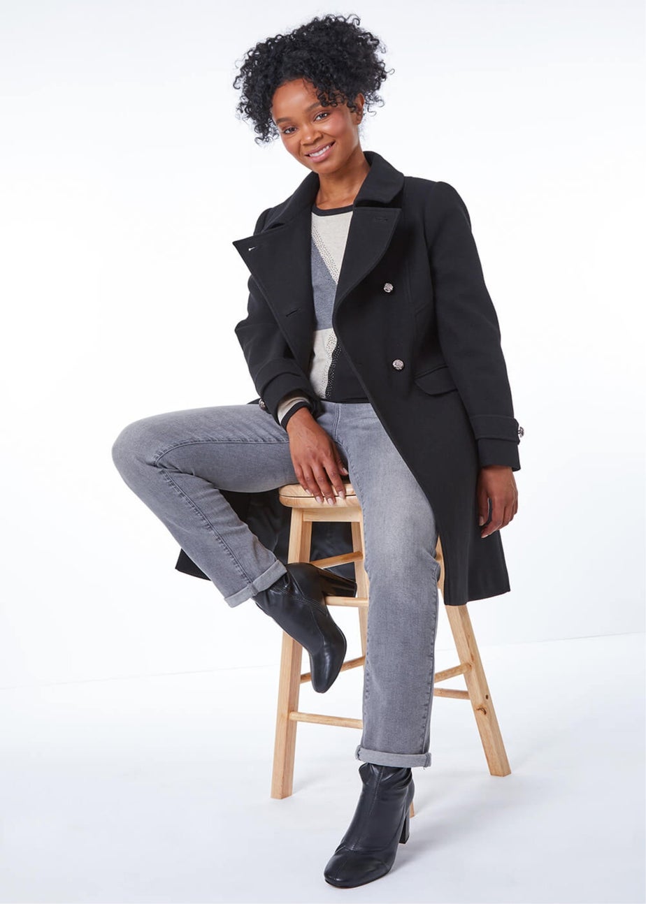 Roman Black Petite Double Breasted Military Coat