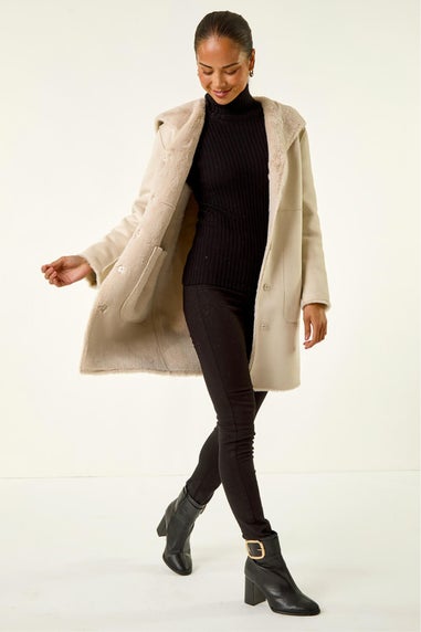 Roman Stone Petite Faux Sheepskin Hooded Coat