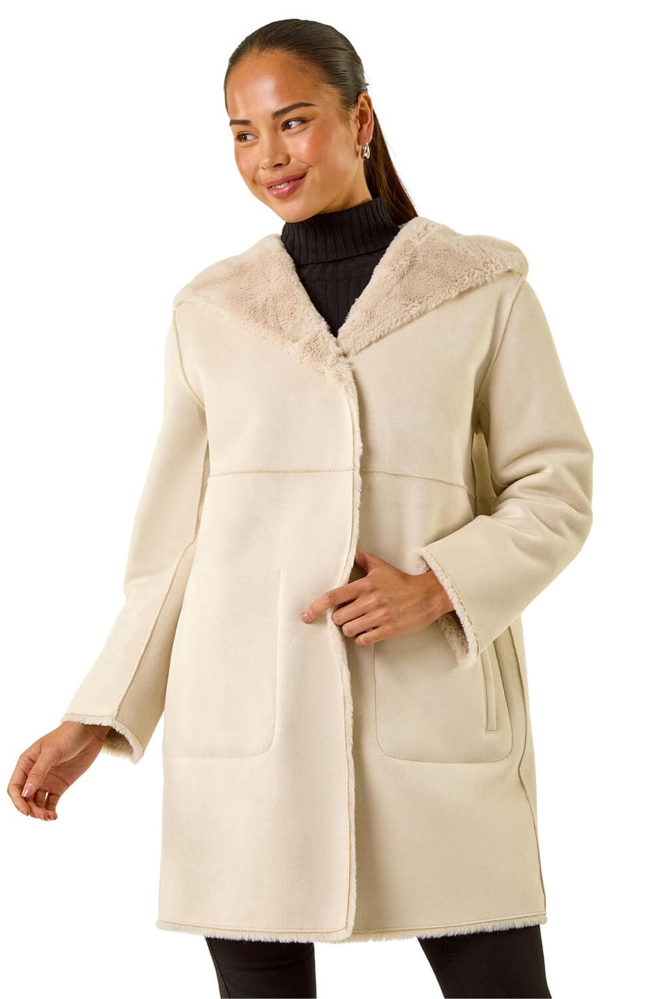 Roman Stone Petite Faux Sheepskin Hooded Coat