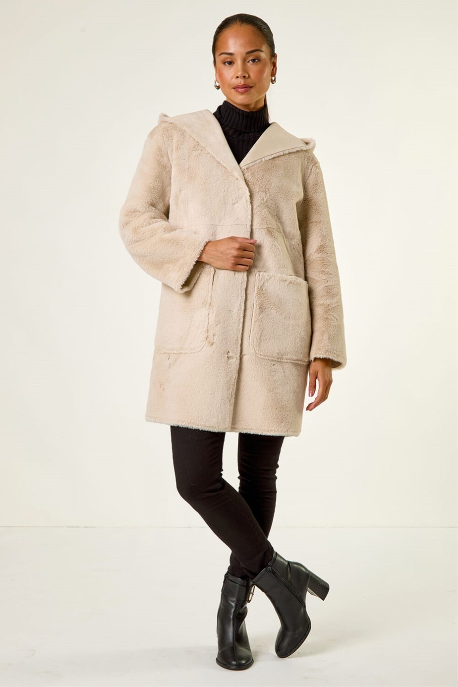 Roman Stone Petite Faux Sheepskin Hooded Coat