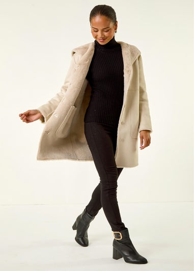 Roman Stone Petite Faux Sheepskin Hooded Coat