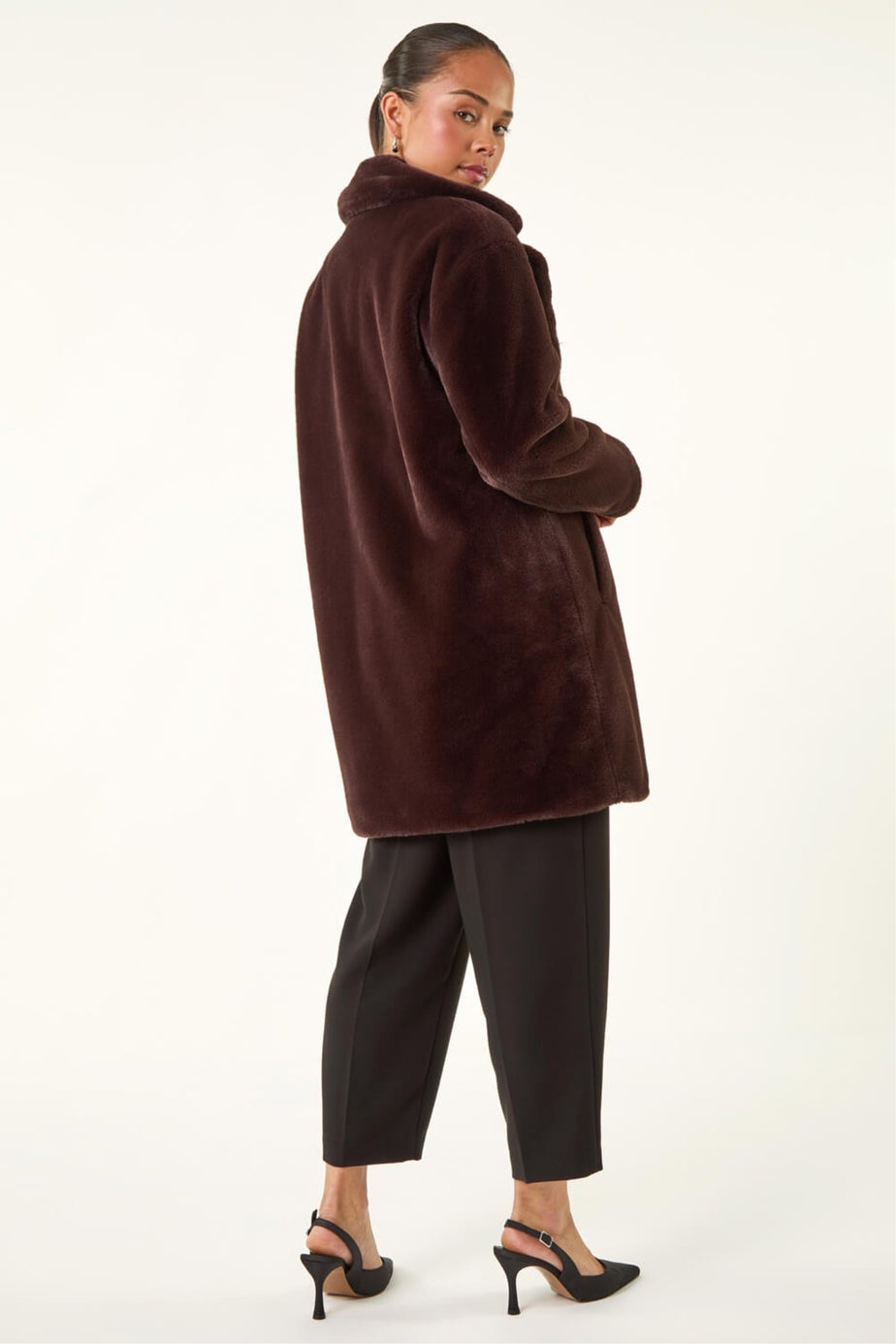 Roman Chocolate Petite Longline Pocket Fur Coat