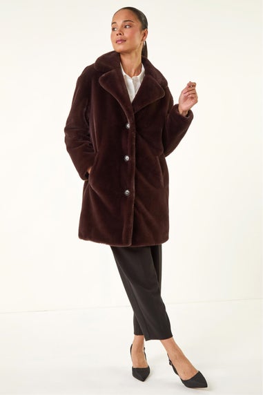 Roman Chocolate Petite Longline Pocket Fur Coat