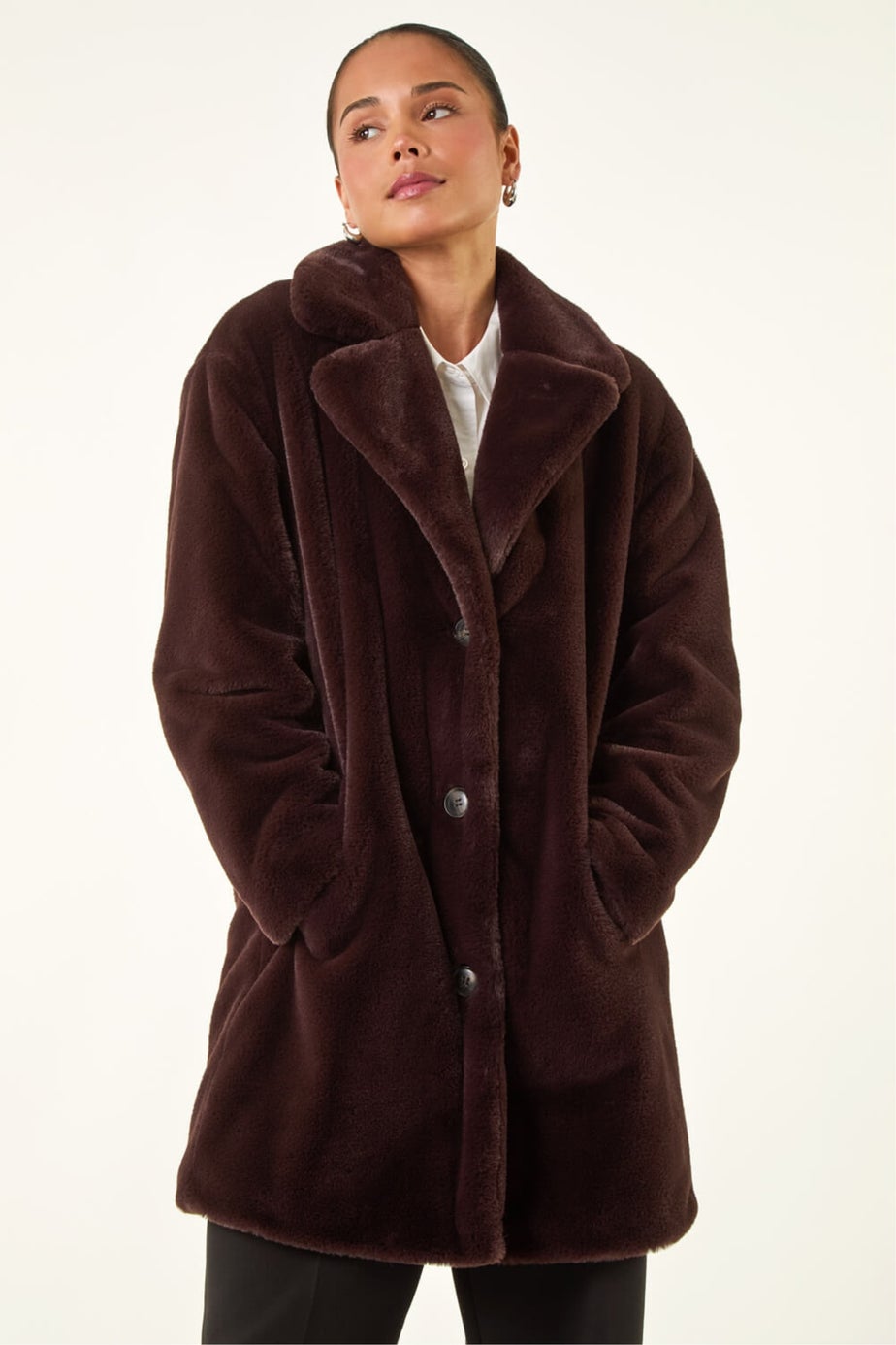 Roman Chocolate Petite Longline Pocket Fur Coat