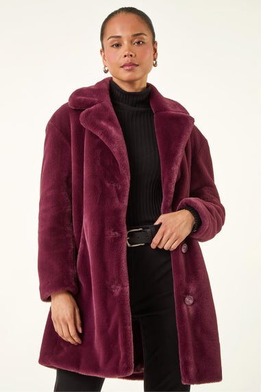 Roman Wine Petite Longline Pocket Fur Coat