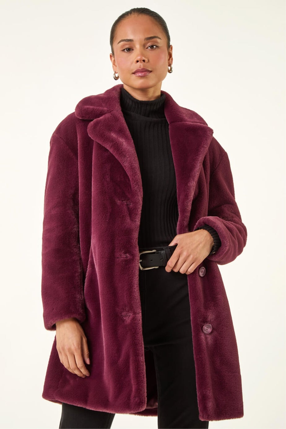 Roman Wine Petite Longline Pocket Fur Coat