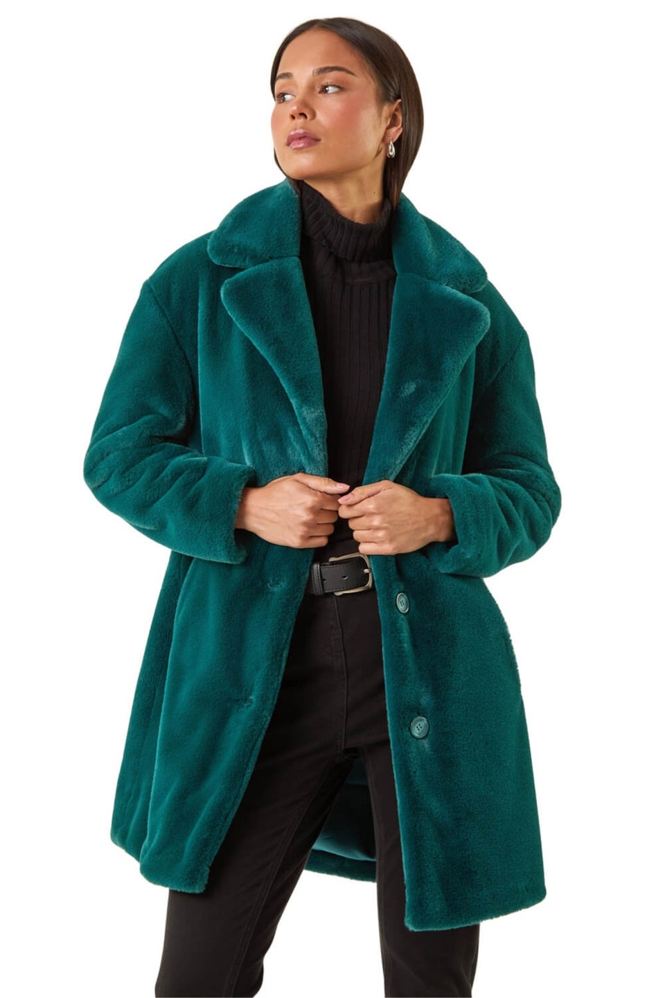 Roman Teal Petite Longline Fur Coat