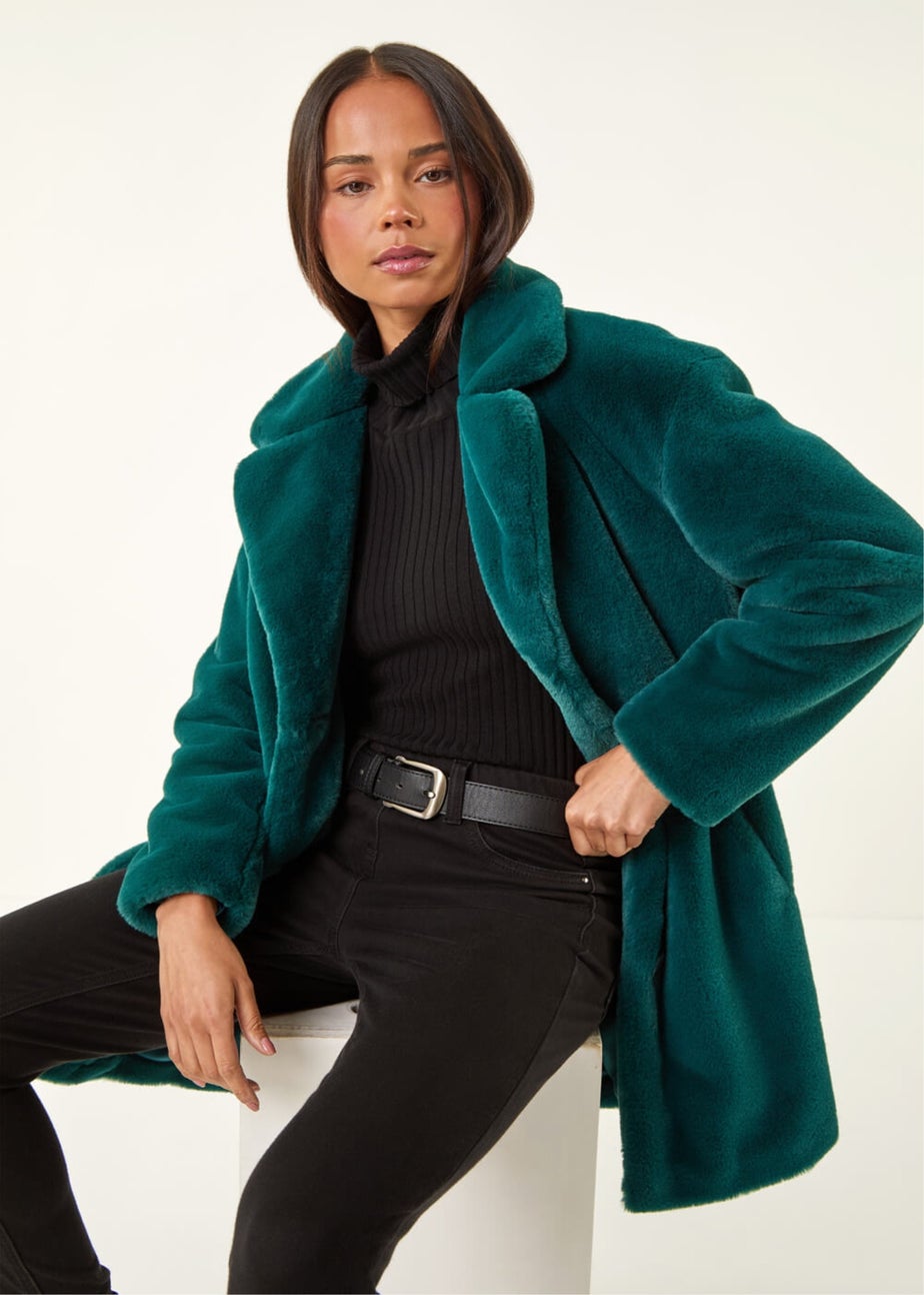 Roman Teal Petite Longline Fur Coat