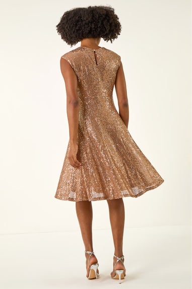 Roman Gold Sequin Twist Front Stretch Dress