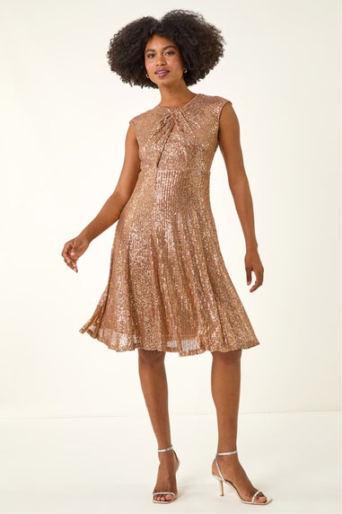 Roman Gold Sequin Twist Front Stretch Dress