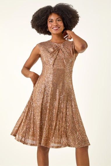 Roman Gold Sequin Twist Front Stretch Dress