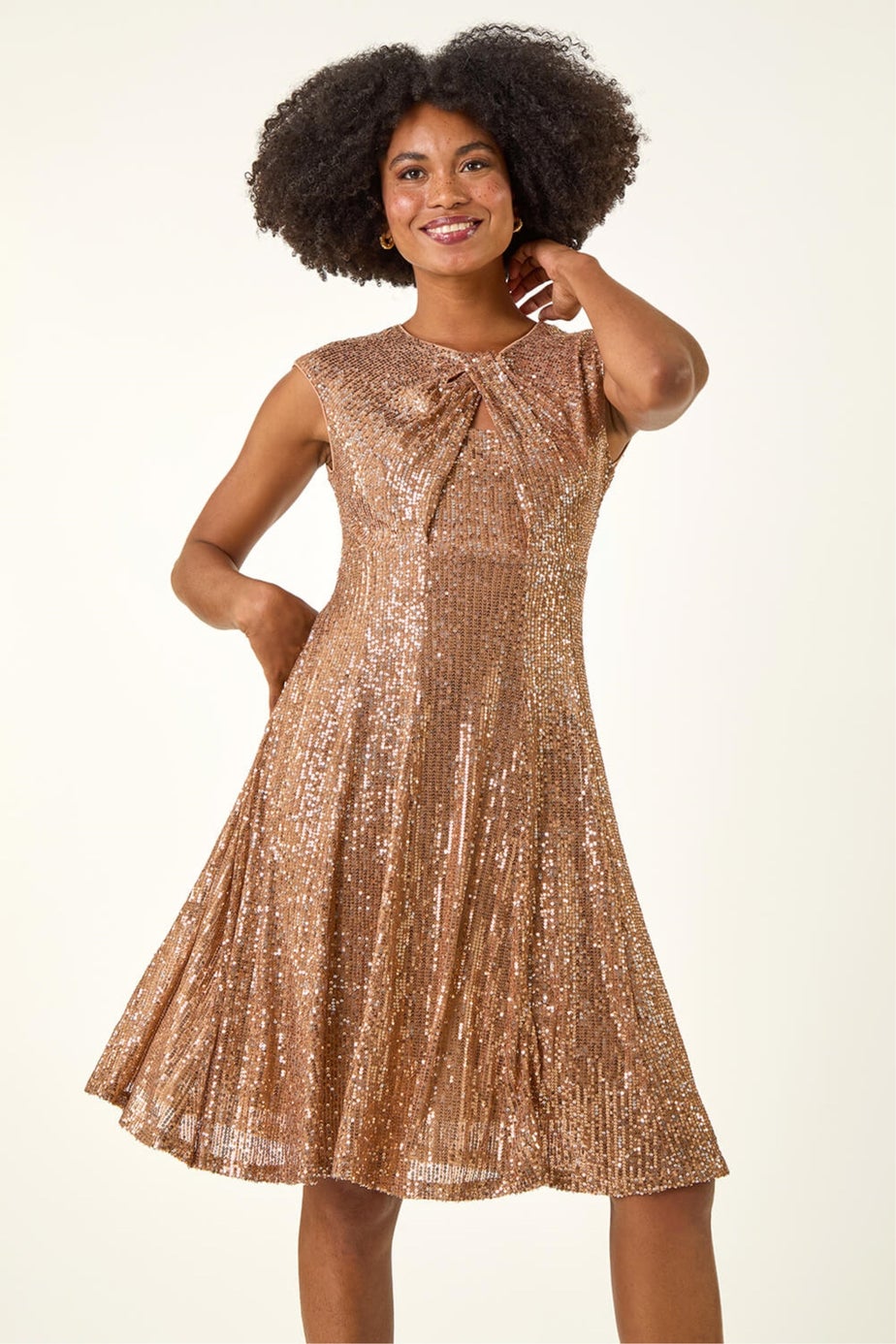 Roman Gold Sequin Twist Front Stretch Dress