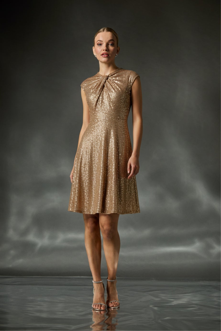 Roman Gold Sequin Twist Front Stretch Dress