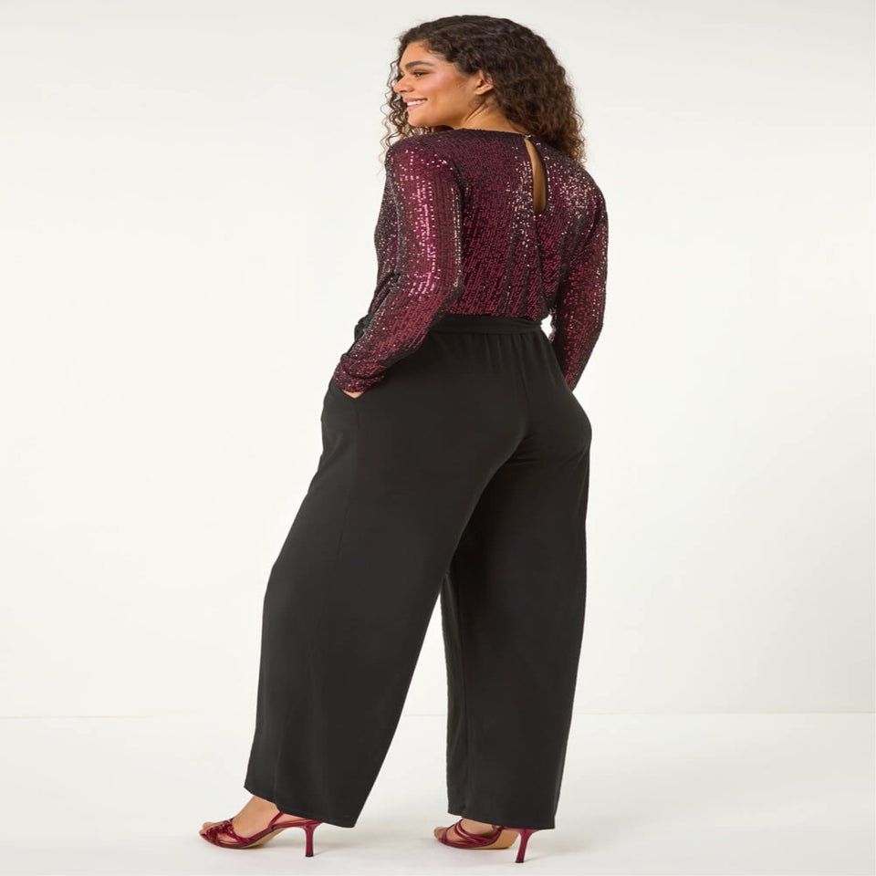Roman Magenta Sequin Wrap V-Neck Stretch Jumpsuit
