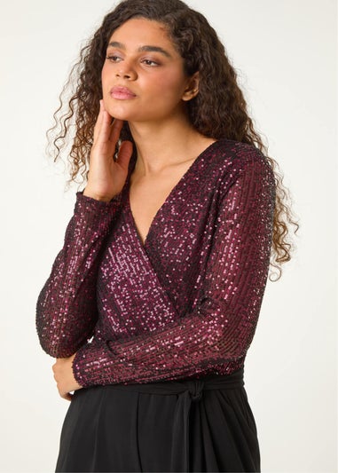 Roman Magenta Sequin Wrap V-Neck Stretch Jumpsuit
