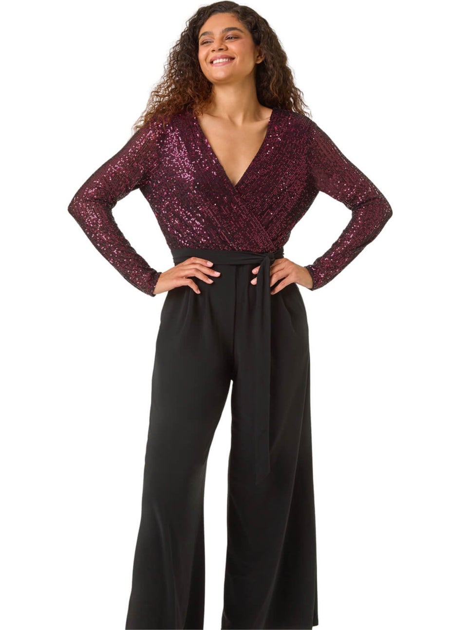 Roman Magenta Sequin Wrap V-Neck Stretch Jumpsuit