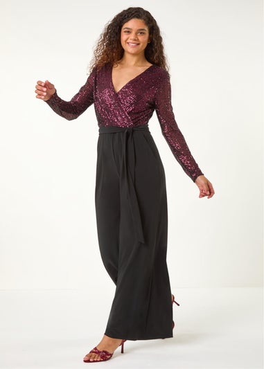Roman Magenta Sequin Wrap V-Neck Stretch Jumpsuit