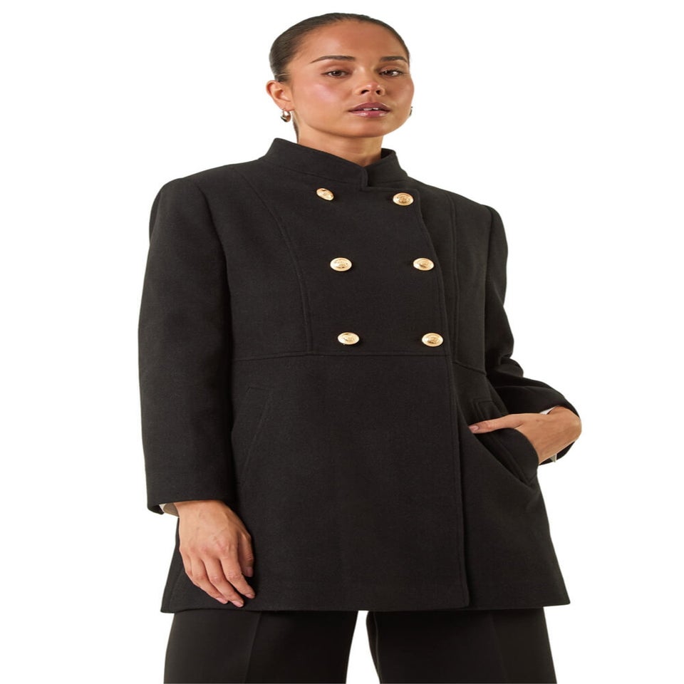 Roman Black Petite Military Buttoned Coat