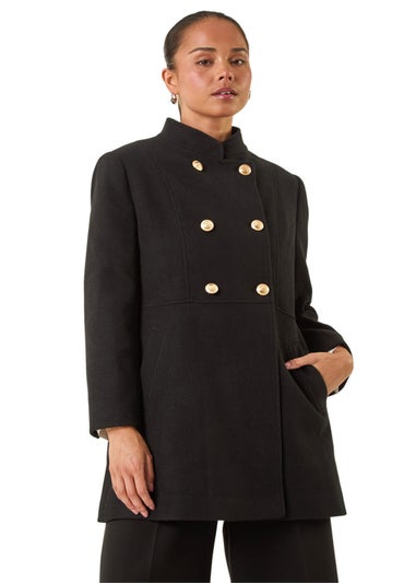 Roman Black Petite Military Buttoned Coat