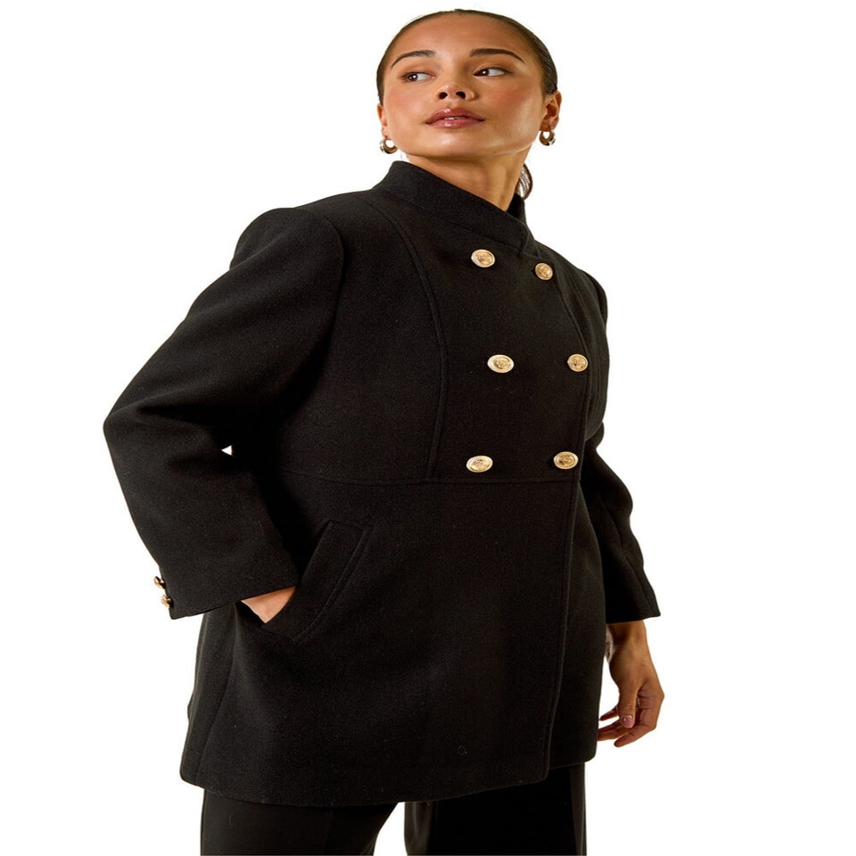 Roman Black Petite Military Buttoned Coat