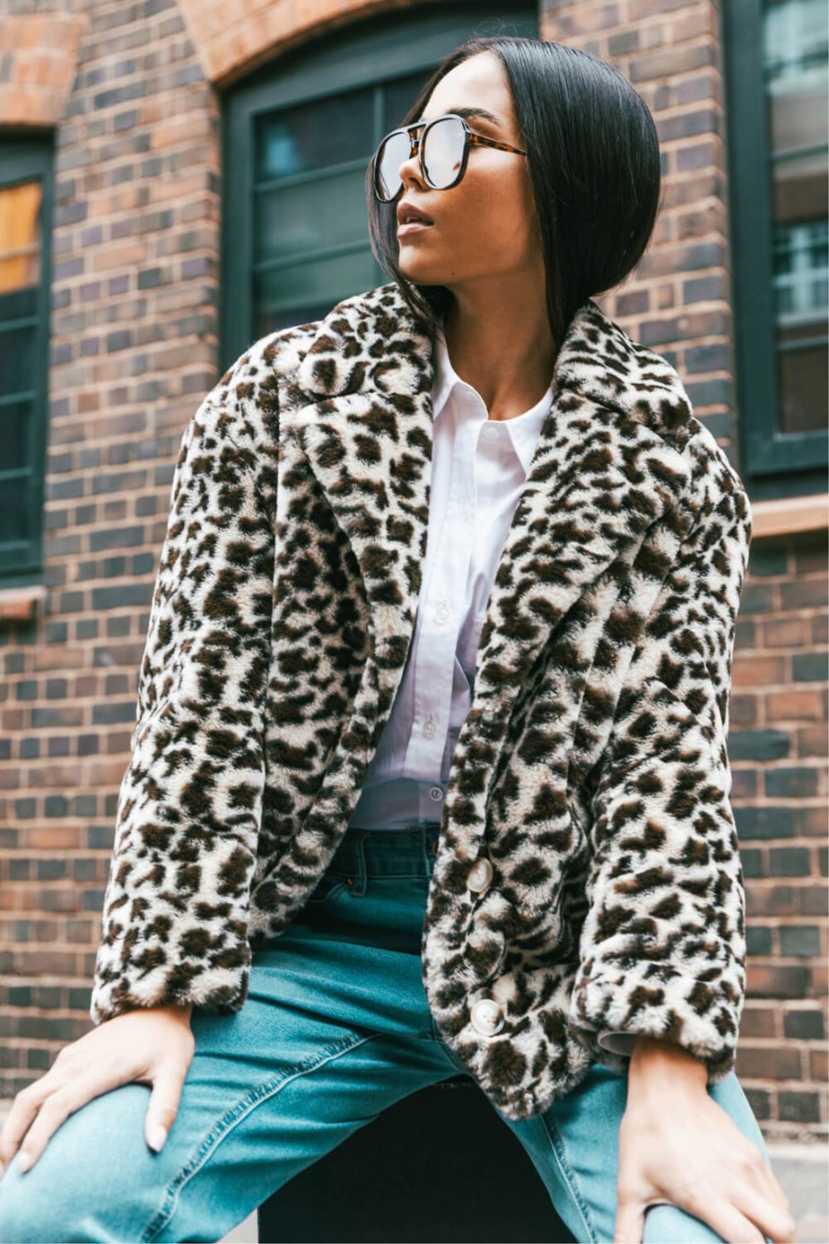 Roman Beige Petite Leopard Fur Coat