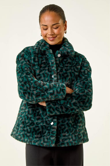 Roman Green Petite Leopard Fur Coat