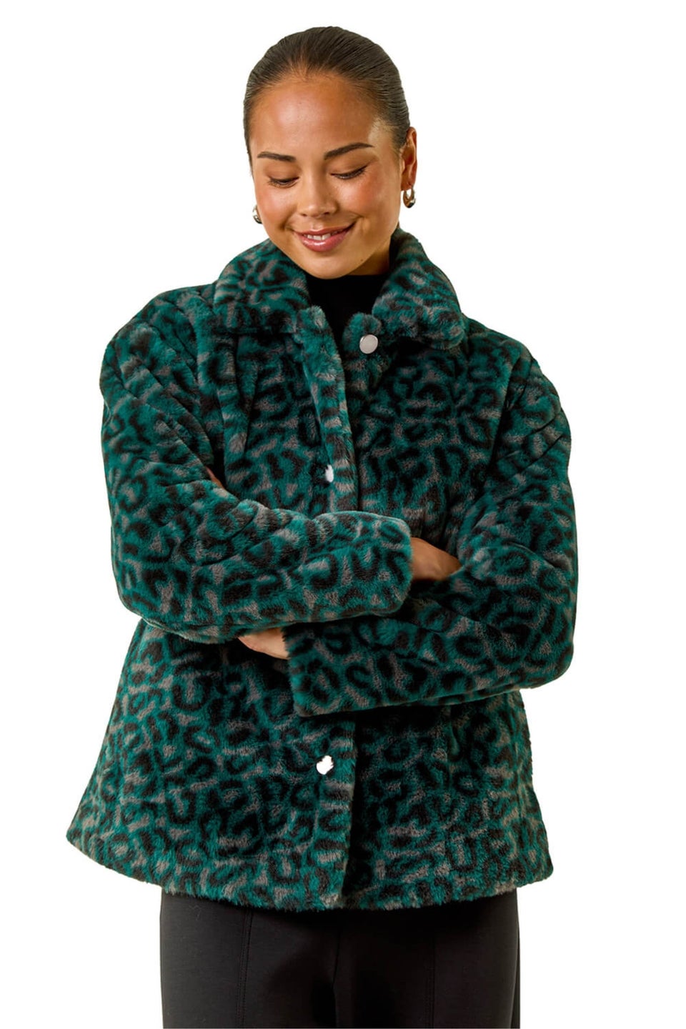 Roman Green Petite Leopard Fur Coat
