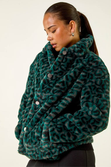 Roman Green Petite Leopard Fur Coat