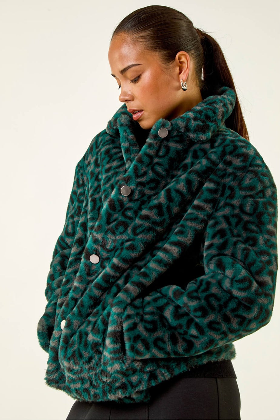 Roman Green Petite Leopard Fur Coat