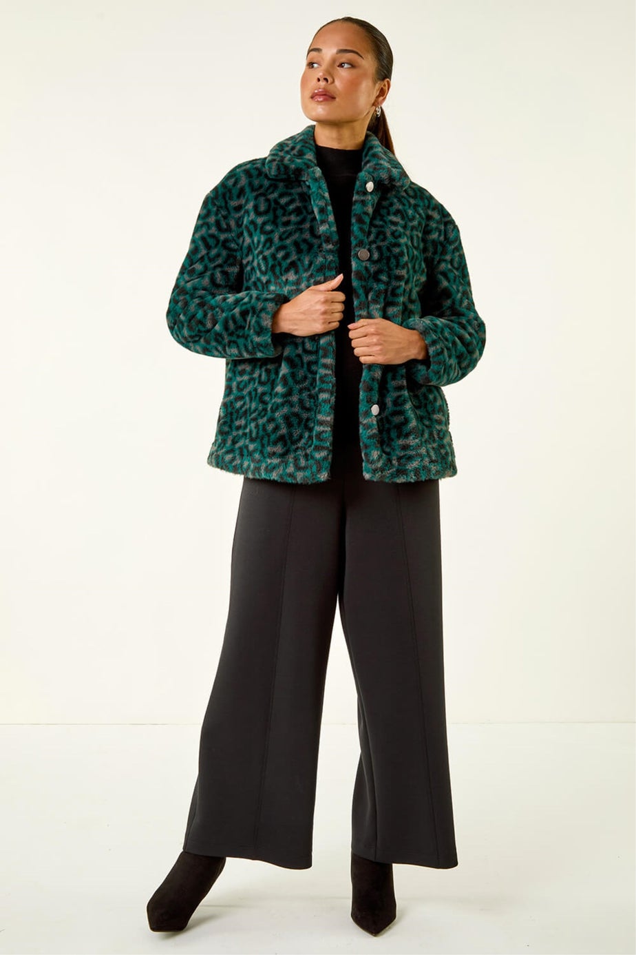 Roman Green Petite Leopard Fur Coat