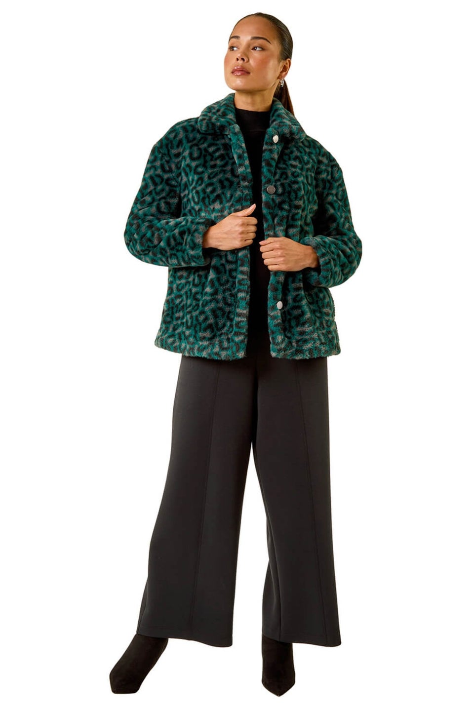 Roman Green Petite Leopard Fur Coat