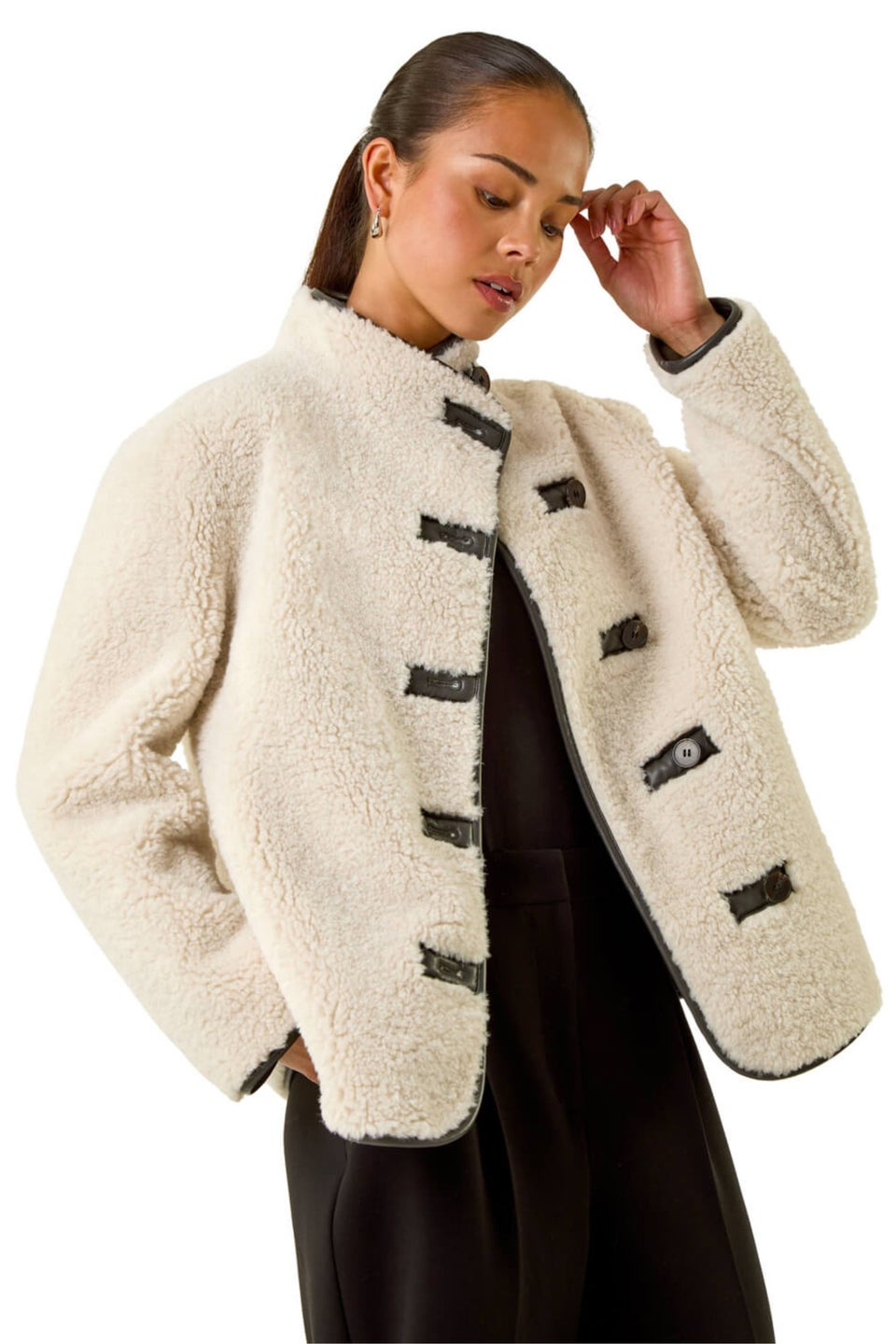 Roman Stone Petite Borg Contrast Button Coat