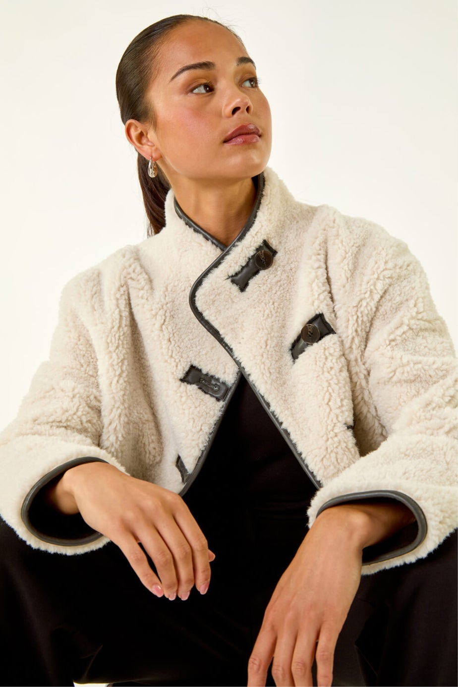 Roman Stone Petite Borg Contrast Button Coat