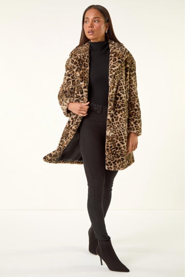 Roman Brown Petite Leopard Fur Coat