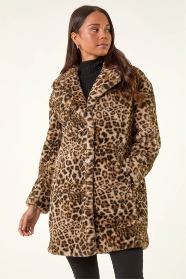 Roman Brown Petite Leopard Fur Coat
