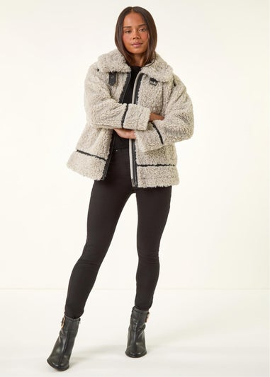 Roman Stone Petite Borg Contrast Aviator Coat