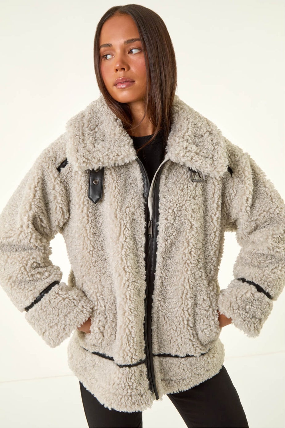 Roman Stone Petite Borg Contrast Aviator Coat