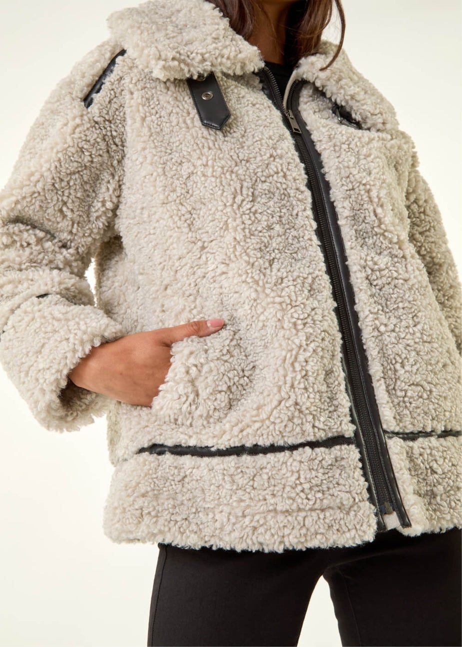 Roman Stone Petite Borg Contrast Aviator Coat