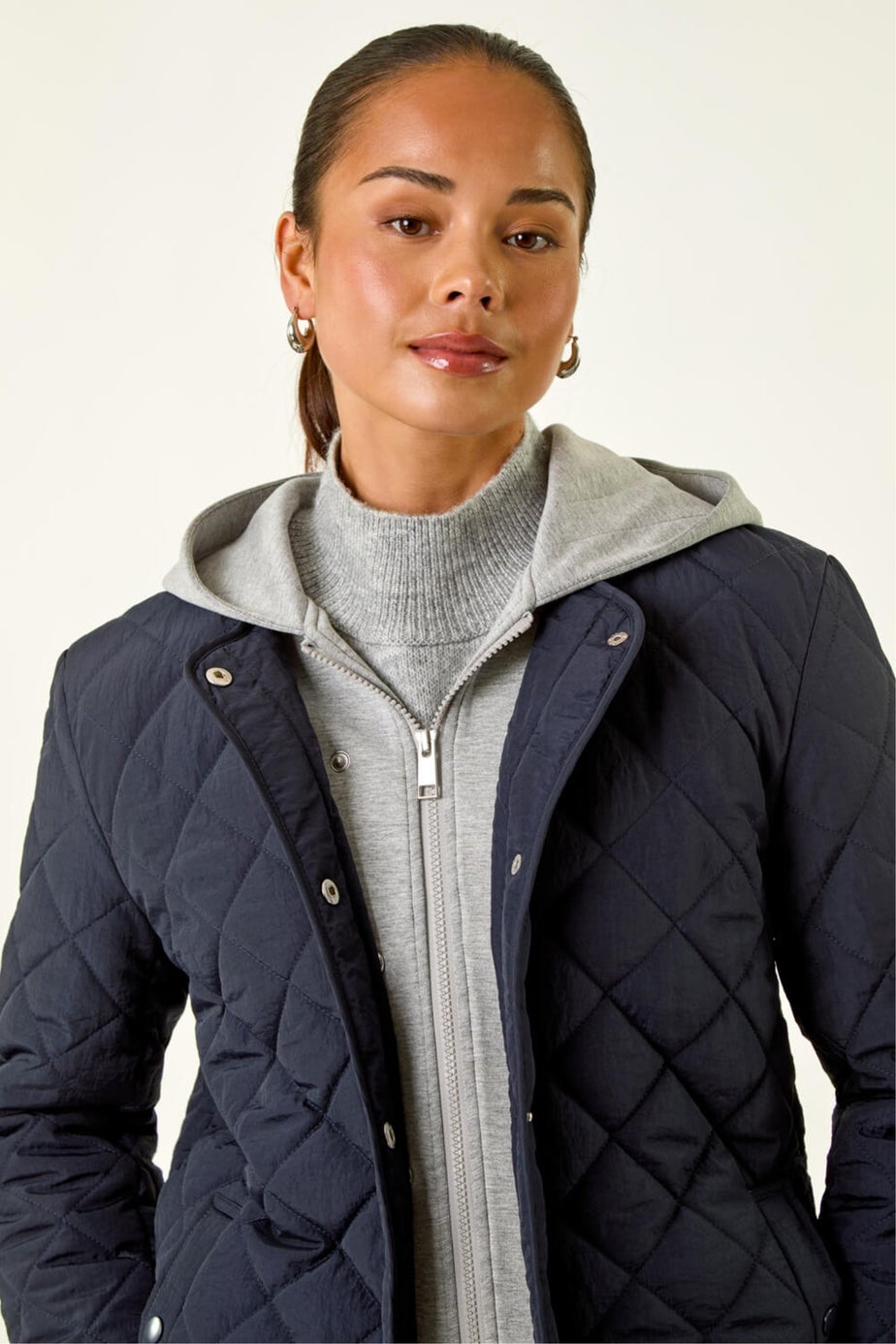 Roman Navy Petite Contrast Hooded Puffer Coat